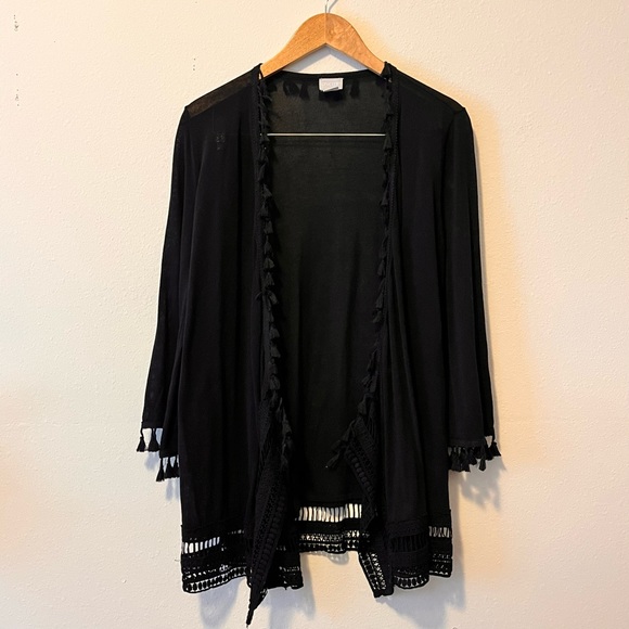 Chico's Sweaters - Chico’s Womens Size Small Black Tassel Hem Cardigan Kimono Lightweight
